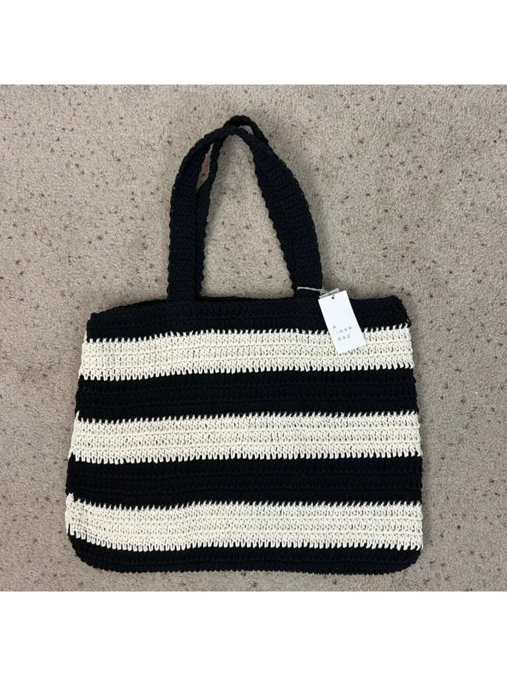 NEW A New Day Hand Crafted Woven Tote Bag Black & Ivory Crochet